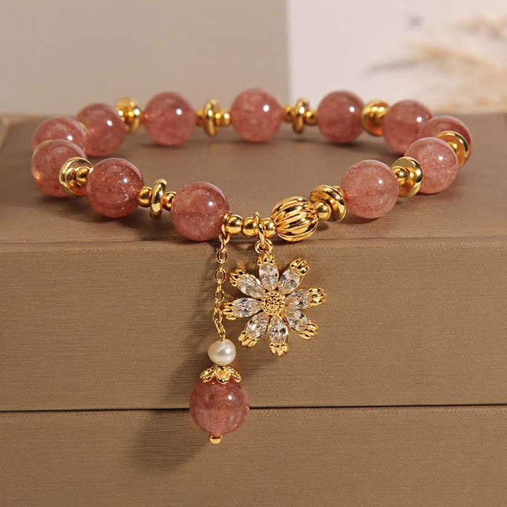 Buddha Stones ストロベリークォーツパールデイジーラブブレスレット - デイジーフラワー（手首周り：5.91～6.29インチ／15～16cm） - image 0