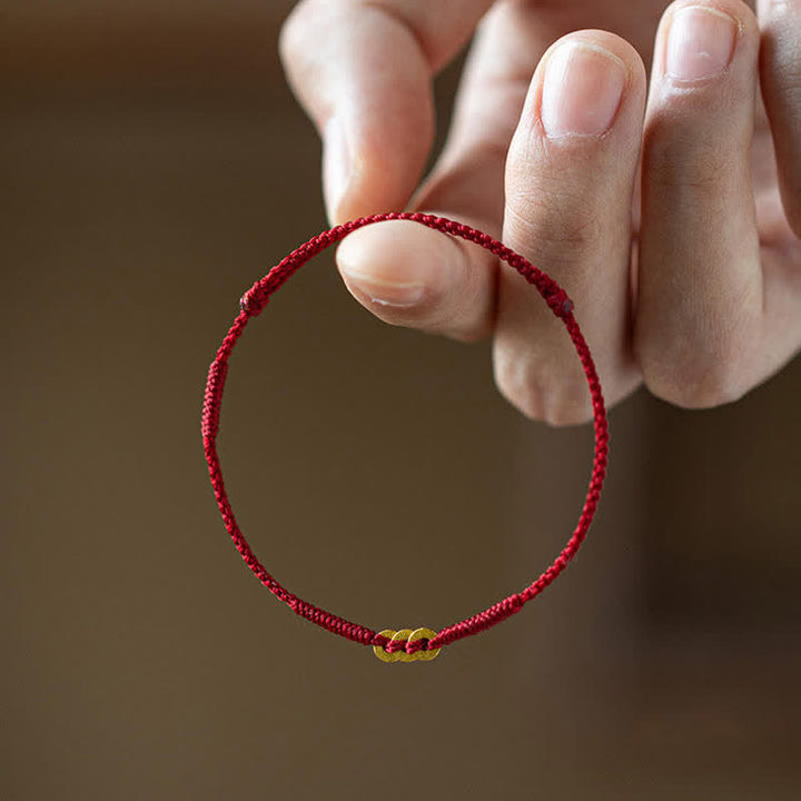 Buddha Stones 銅貨をモチーフにした手織りの赤いマルチカラーストリング幸運ブレスレット - image 1