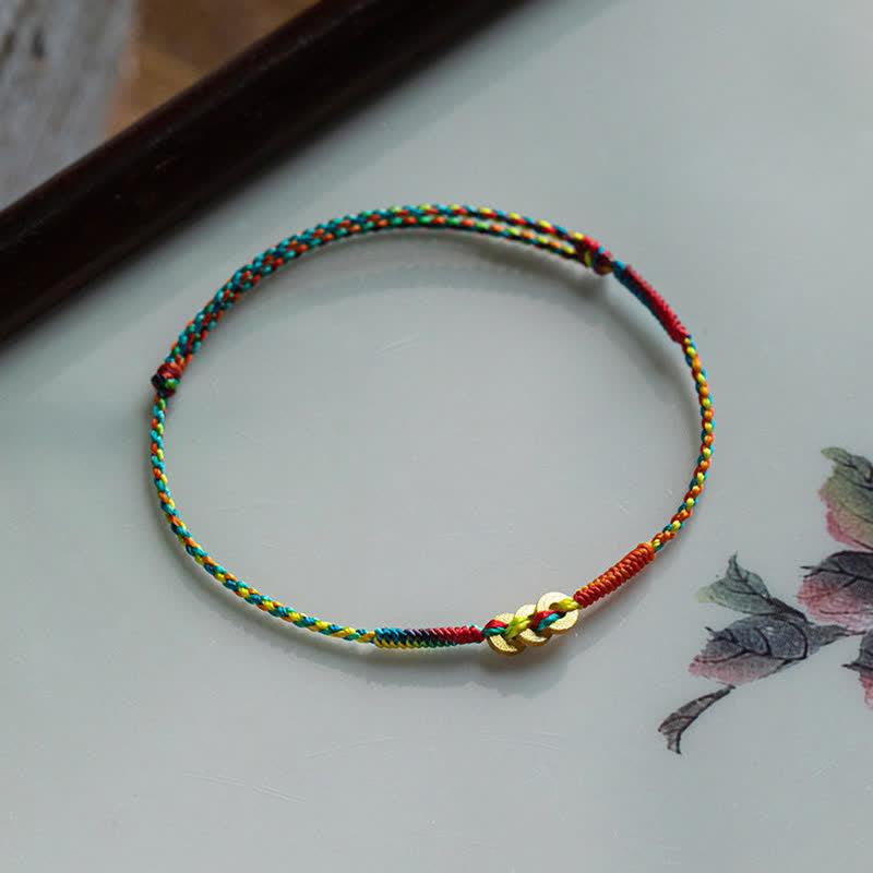 Buddha Stones 銅貨をモチーフにした手織りの赤いマルチカラーストリング幸運ブレスレット - image 6