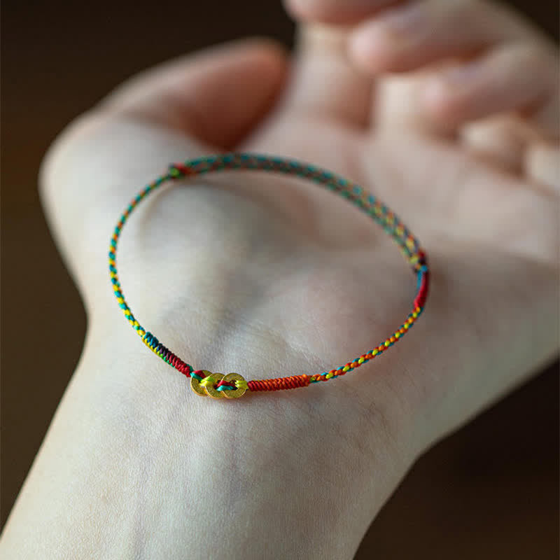 Buddha Stones 銅貨をモチーフにした手織りの赤いマルチカラーストリング幸運ブレスレット - image 7
