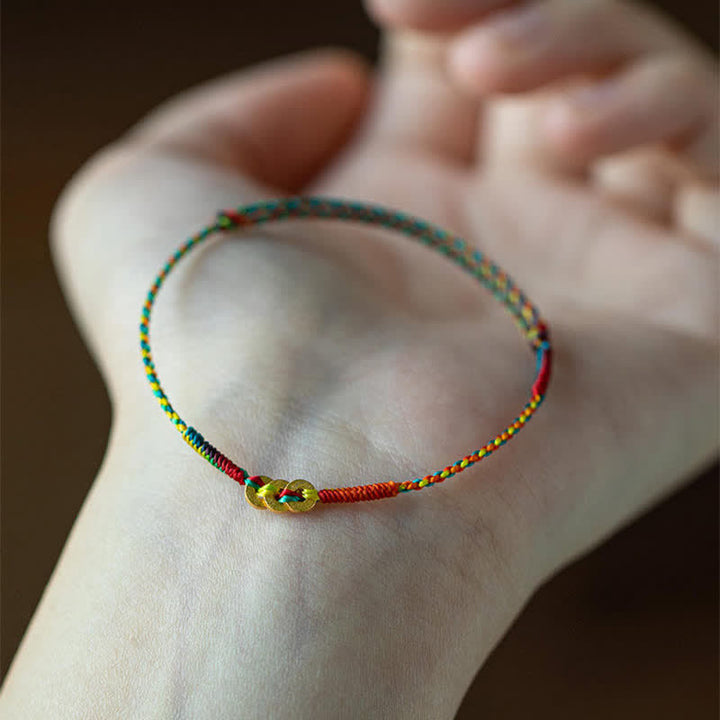Buddha Stones 銅貨をモチーフにした手織りの赤いマルチカラーストリング幸運ブレスレット - image 7
