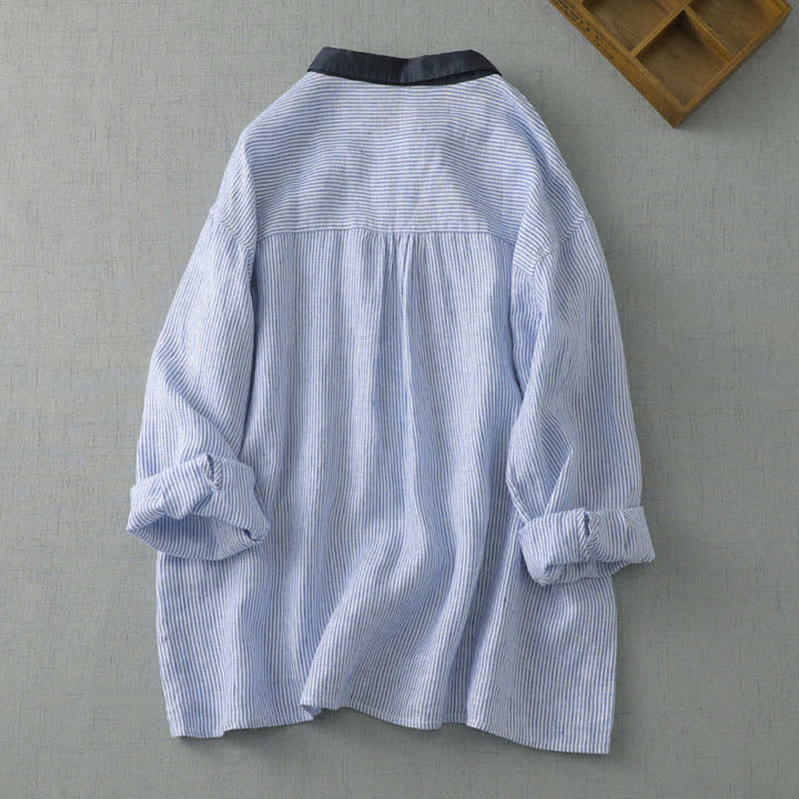 Buddha Stones 夏物カジュアルタンスタイルボタンアップストライプ柄レディース長袖シャツ（ポケット付き） - image 1