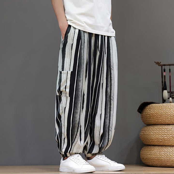 Buddha Stones 夏物カジュアルボヘミアンパッチポケットストライプクロップドパンツメンズハーレムパンツ（ポケット付き） - image 6