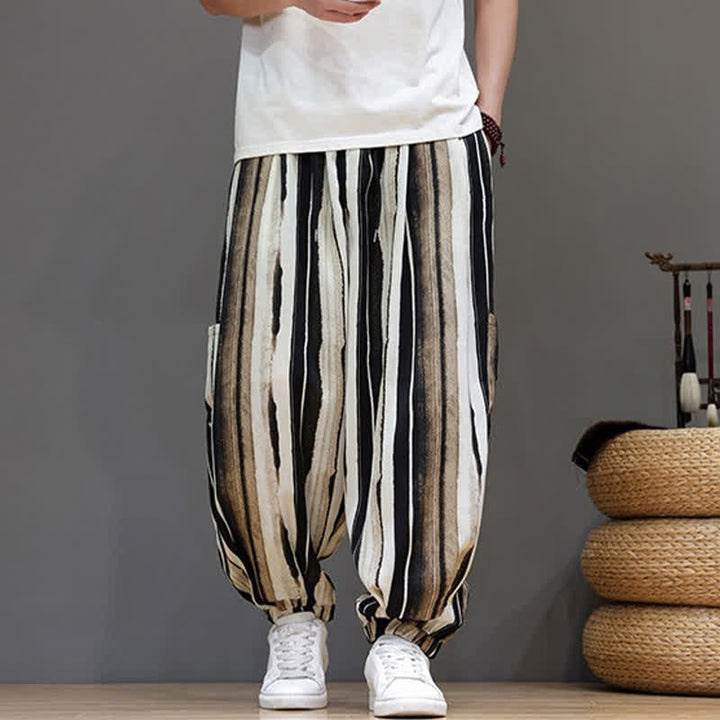 Buddha Stones 夏物カジュアルボヘミアンパッチポケットストライプクロップドパンツメンズハーレムパンツ（ポケット付き） - image 10