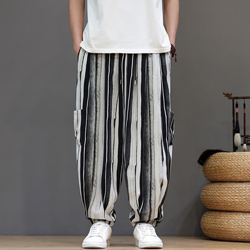 Buddha Stones 夏物カジュアルボヘミアンパッチポケットストライプクロップドパンツメンズハーレムパンツ（ポケット付き） - image 1