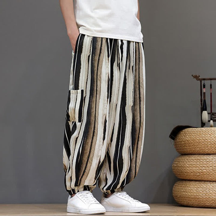 Buddha Stones 夏物カジュアルボヘミアンパッチポケットストライプクロップドパンツメンズハーレムパンツ（ポケット付き） - image 15