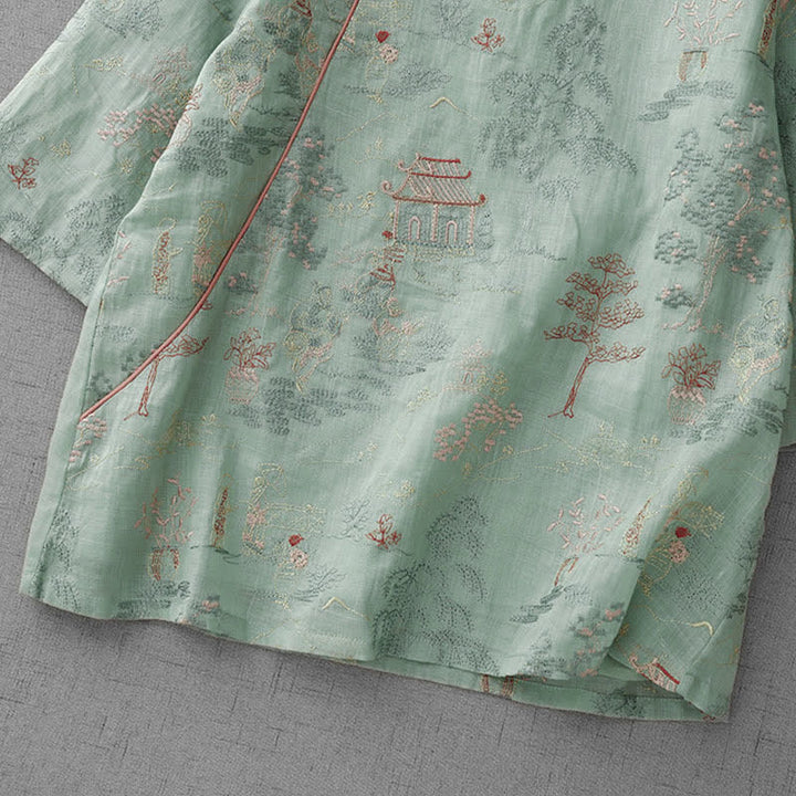 Buddha Stones 夏物唐風ヴィンテージマンダリンカラー刺繍抽象柄レディース半袖シャツ - image 6