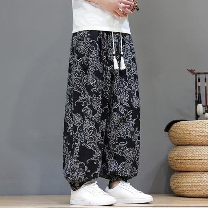 Buddha Stones 夏物カジュアルヴィンテージドローストリング花柄アンクルパンツメンズハーレムパンツポケット付き - image 14