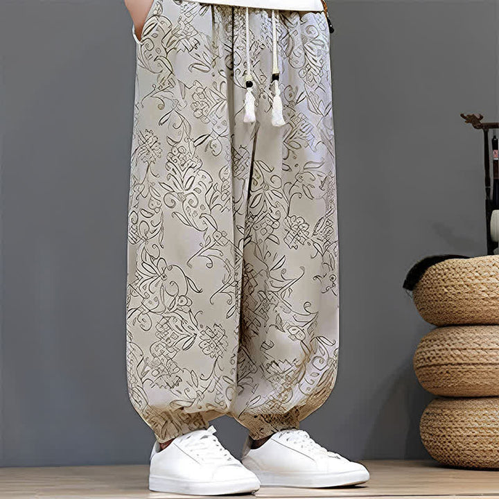 Buddha Stones 夏物カジュアルヴィンテージドローストリング花柄アンクルパンツメンズハーレムパンツポケット付き - image 9