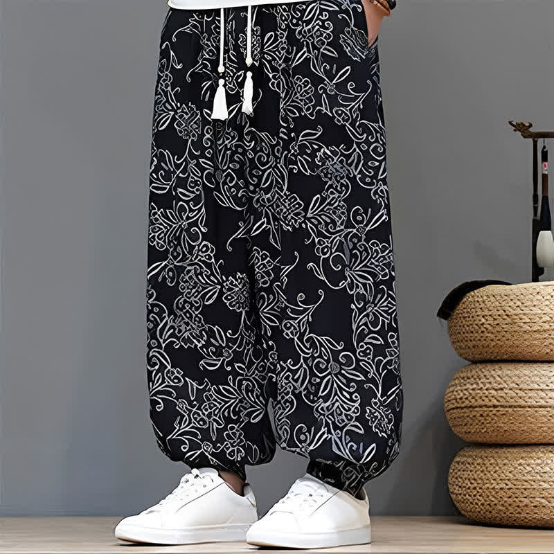 Buddha Stones 夏物カジュアルヴィンテージドローストリング花柄アンクルパンツメンズハーレムパンツポケット付き - image 19