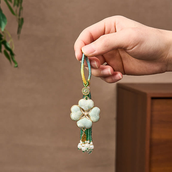 Buddha Stones 宋錦 四つ葉のクローバー 福の文字 幸運幸運繁栄タッセル キーホルダー - image 2