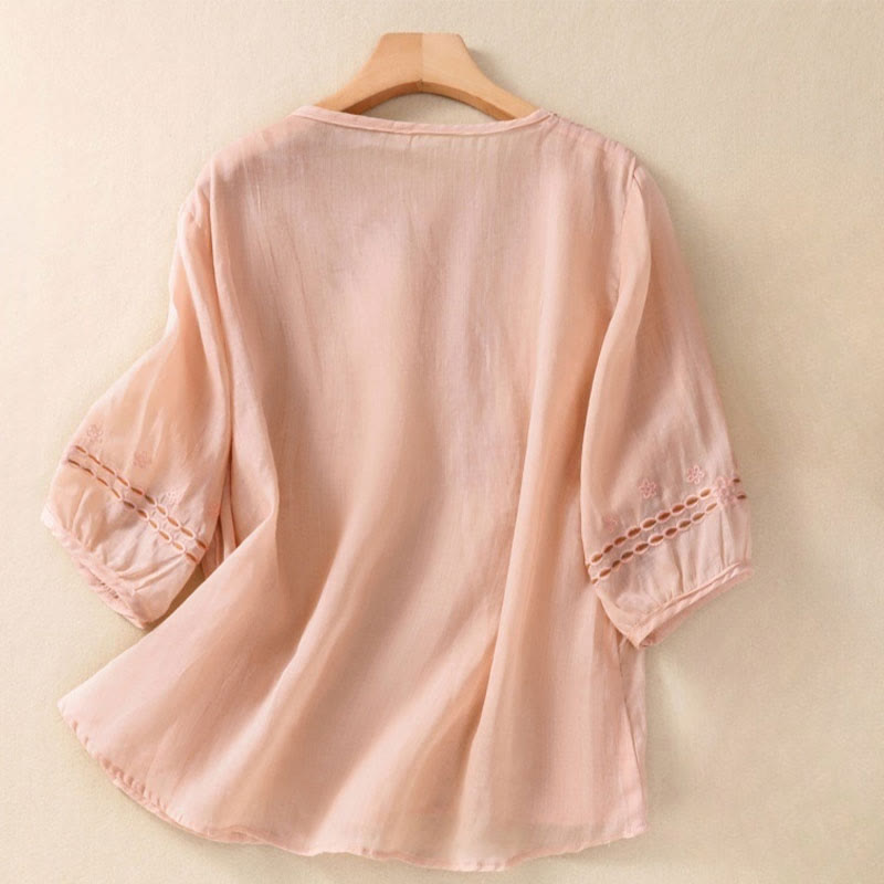 Buddha Stonesの無地花柄刺繍デザイン クルーネック パフスリーブ ハーフスリーブ レディースTシャツ - ミスティローズ - US8-10，UK/AU12-14，EU40-42 (2XL) - image 5