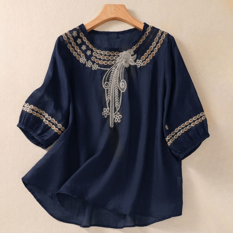 Buddha Stonesの無地花柄刺繍デザイン クルーネック パフスリーブ ハーフスリーブ レディースTシャツ - ダークスレートブルー - US8-10，UK/AU12-14，EU40-42 (2XL) - image 0