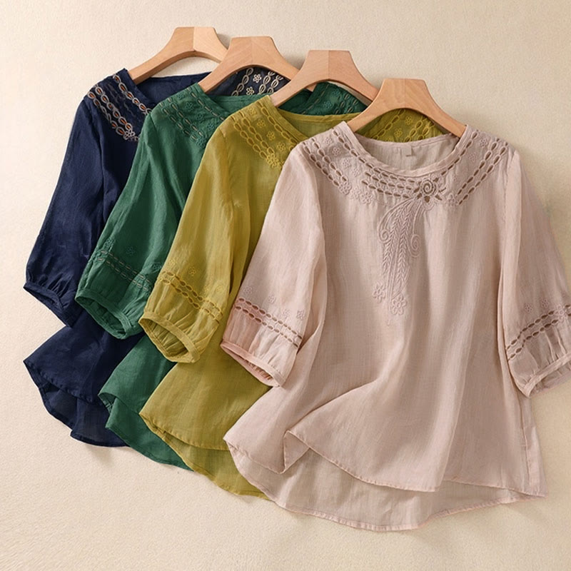 Buddha Stonesの無地花柄刺繍デザイン クルーネック パフスリーブ ハーフスリーブ レディースTシャツ - image 25