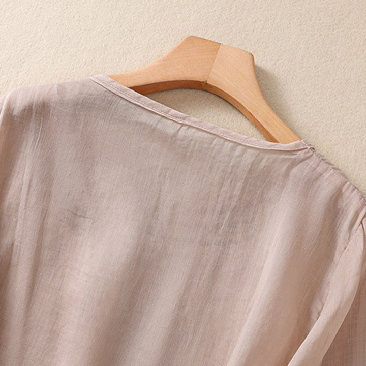 Buddha Stonesの無地花柄刺繍デザイン クルーネック パフスリーブ ハーフスリーブ レディースTシャツ - image 7