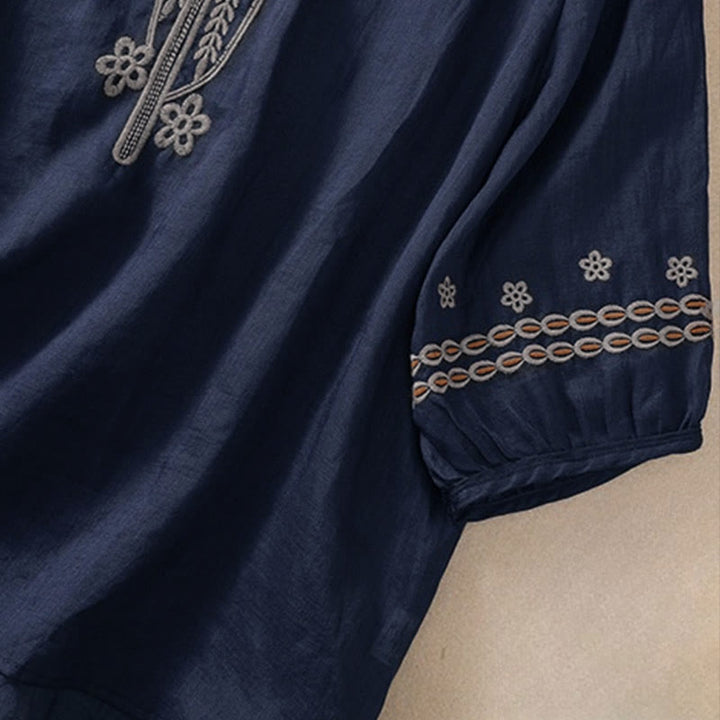 Buddha Stonesの無地花柄刺繍デザイン クルーネック パフスリーブ ハーフスリーブ レディースTシャツ - image 3