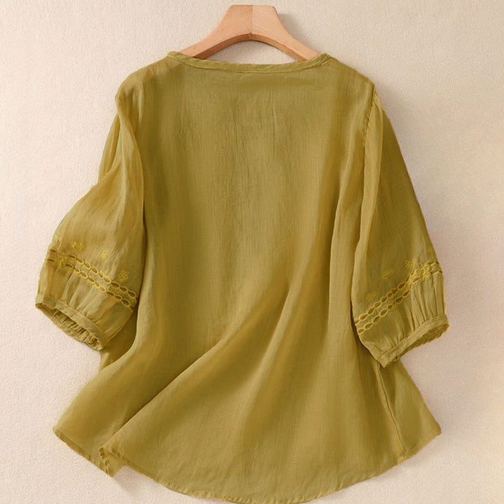 Buddha Stonesの無地花柄刺繍デザイン クルーネック パフスリーブ ハーフスリーブ レディースTシャツ - image 13
