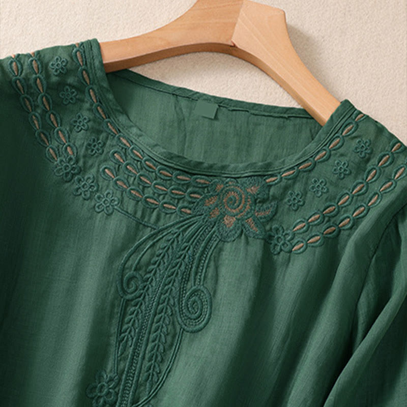 Buddha Stonesの無地花柄刺繍デザイン クルーネック パフスリーブ ハーフスリーブ レディースTシャツ - image 20