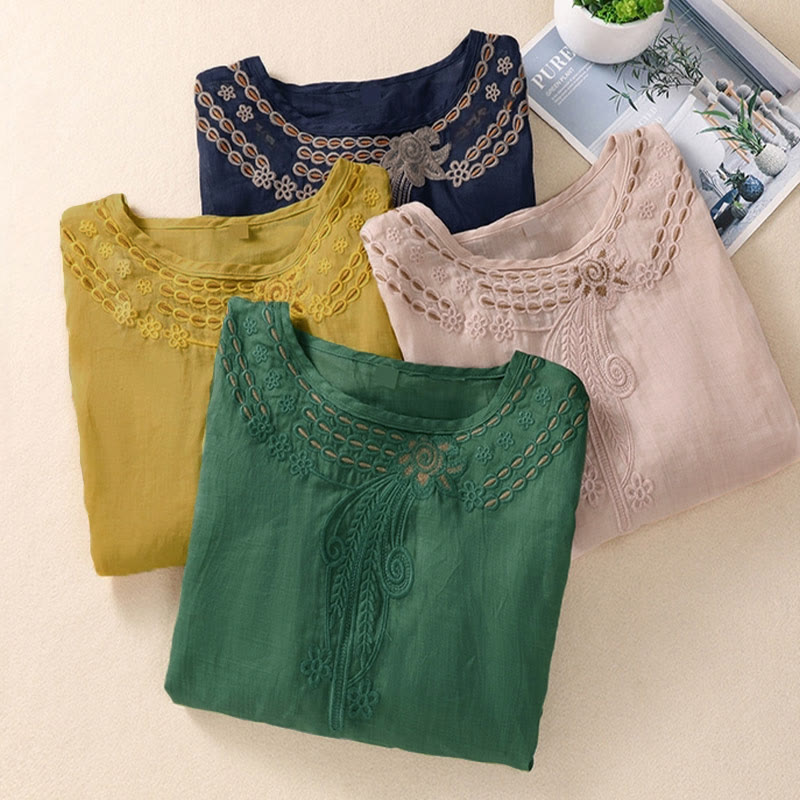Buddha Stonesの無地花柄刺繍デザイン クルーネック パフスリーブ ハーフスリーブ レディースTシャツ - image 26