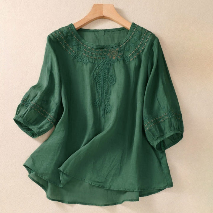 Buddha Stonesの無地花柄刺繍デザイン クルーネック パフスリーブ ハーフスリーブ レディースTシャツ - ダークグリーン - US8-10，UK/AU12-14，EU40-42 (2XL) - image 19