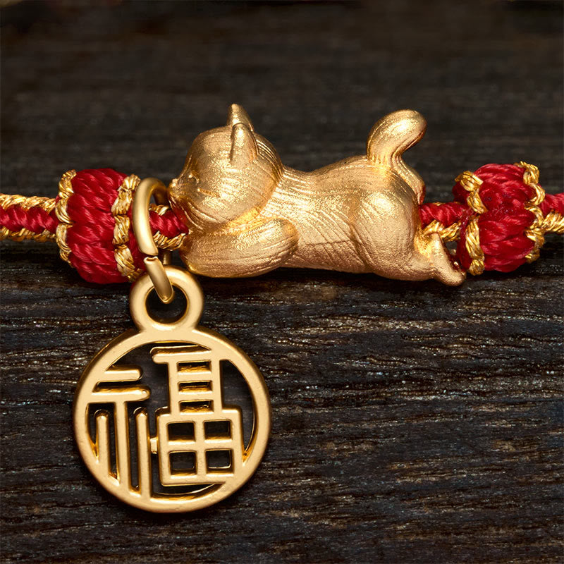 Buddha Stones 寝そべった猫の傅の文字が描かれた銅製の赤紐の手織り豊かさブレスレット - image 5