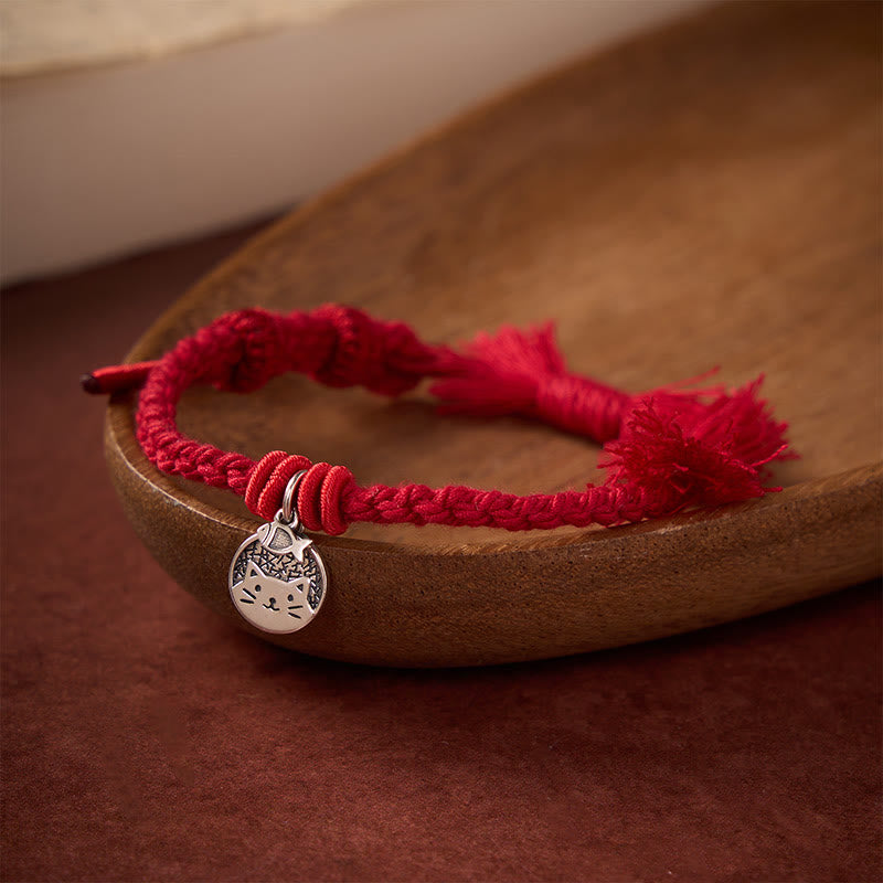 Buddha Stones 925スターリングシルバー製、かわいい猫と魚のお守り、チベット風赤紐の調節可能なブレスレット - ダークレッド（手首周り14～17cm） - image 0