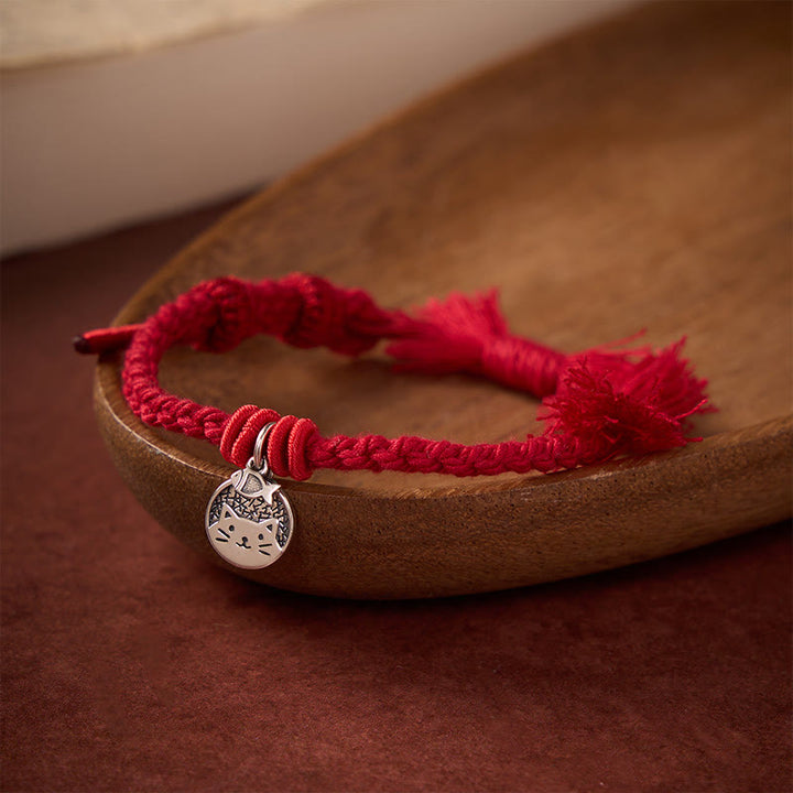 Buddha Stones 925スターリングシルバー製、かわいい猫と魚のお守り、チベット風赤紐の調節可能なブレスレット - ダークレッド（手首周り14～17cm） - image 0