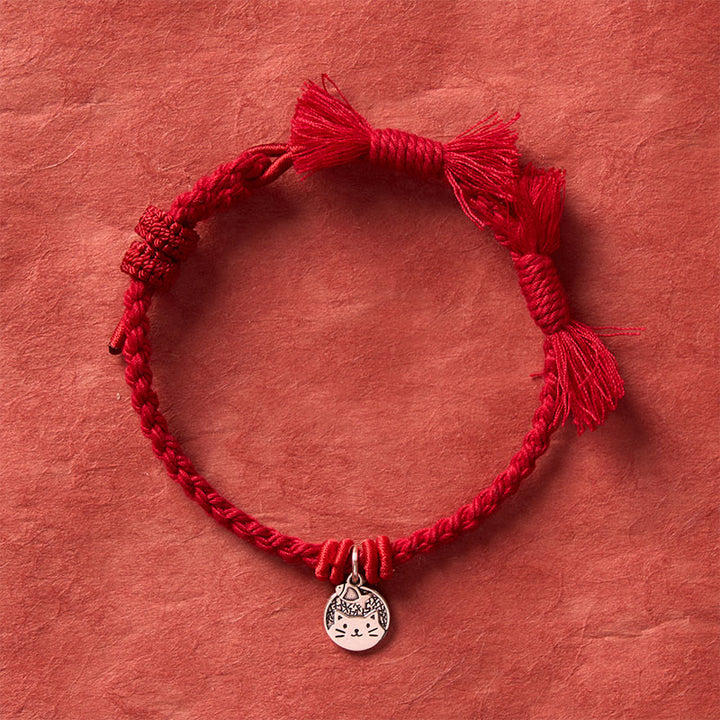 Buddha Stones 925スターリングシルバー製、かわいい猫と魚のお守り、チベット風赤紐の調節可能なブレスレット - image 3