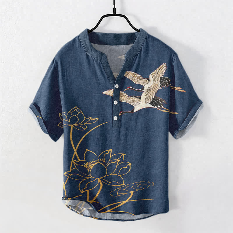 Buddha Stones コットンクレーン ゴールデンロータス柄 メンズ 半袖ハーフボタンシャツ - スチールブルー - US/UK/AU50、EU60（5XL） - image 0