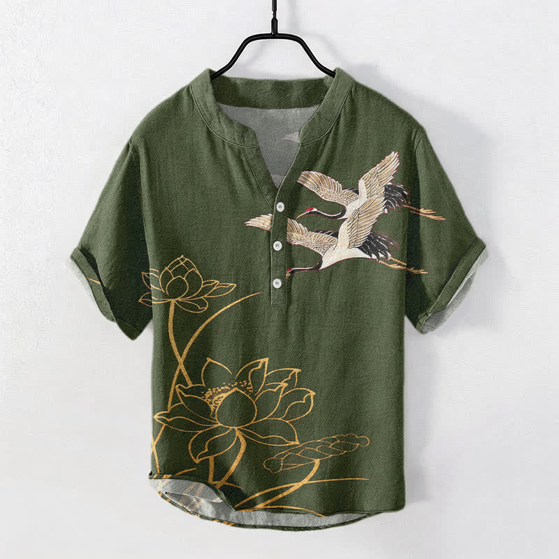 Buddha Stones コットンクレーン ゴールデンロータス柄 メンズ 半袖ハーフボタンシャツ - オリーブドラブ - US/UK/AU50、EU60（5XL） - image 5