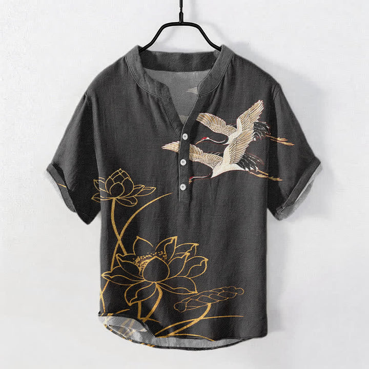 Buddha Stones コットンクレーン ゴールデンロータス柄 メンズ 半袖ハーフボタンシャツ - 黒 - US/UK/AU50、EU60（5XL） - image 10