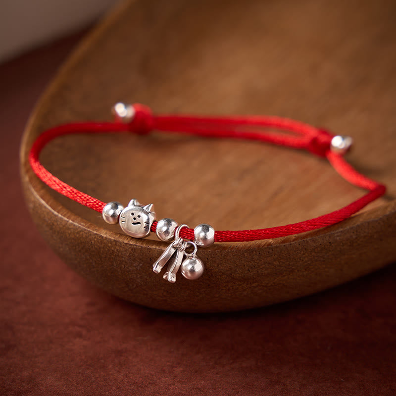 Buddha Stones 925スターリングシルバー製 かわいい猫と魚の赤紐の良縁祈願ブレスレット - シルバー（穏やかさ♥バランス） - 14～21cm - image 0