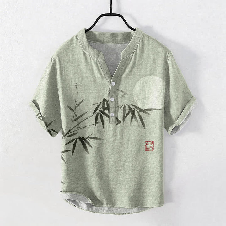 Buddha Stones コットンインク 竹月柄 メンズ 半袖ハーフボタンシャツ - ライトグリーン - US/UK/AU50、EU60（5XL） - image 0