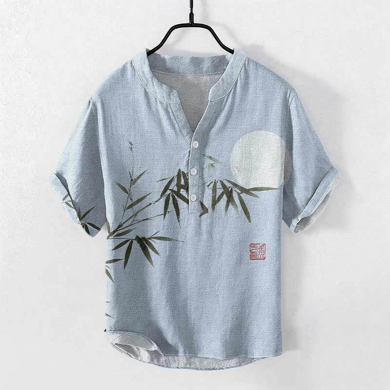 Buddha Stones コットンインク 竹月柄 メンズ 半袖ハーフボタンシャツ - 水色 - US/UK/AU50、EU60（5XL） - image 3
