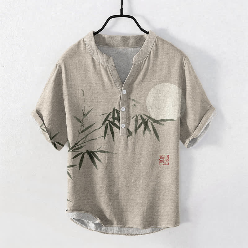 Buddha Stones コットンインク 竹月柄 メンズ 半袖ハーフボタンシャツ - ベージュ - US/UK/AU50、EU60（5XL） - image 5