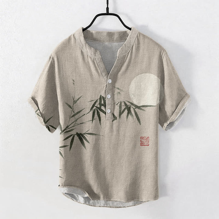 Buddha Stones コットンインク 竹月柄 メンズ 半袖ハーフボタンシャツ - ベージュ - US/UK/AU50、EU60（5XL） - image 5