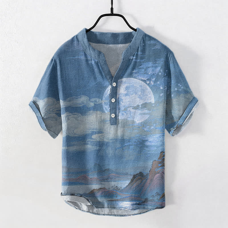 Buddha Stones コットン製 月雲山柄 メンズ 半袖ハーフボタンシャツ - スチールブルー - US/UK/AU50、EU60（5XL） - image 5