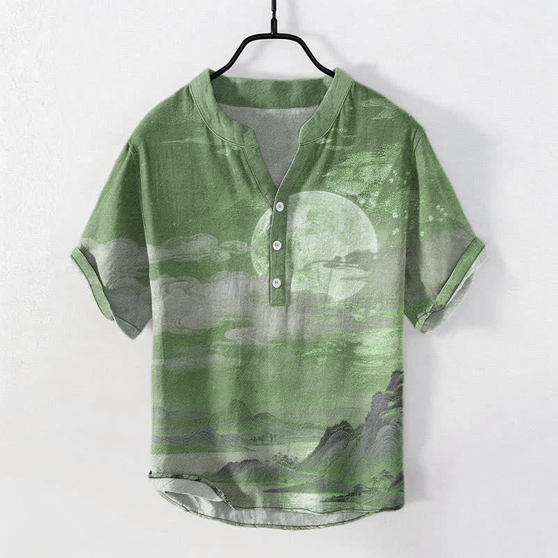 Buddha Stones コットン製 月雲山柄 メンズ 半袖ハーフボタンシャツ - シーグリーン - US/UK/AU50、EU60（5XL） - image 10