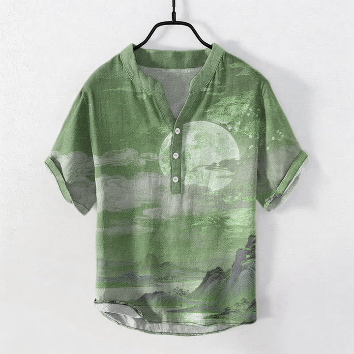 Buddha Stones コットン製 月雲山柄 メンズ 半袖ハーフボタンシャツ - シーグリーン - US/UK/AU50、EU60（5XL） - image 10