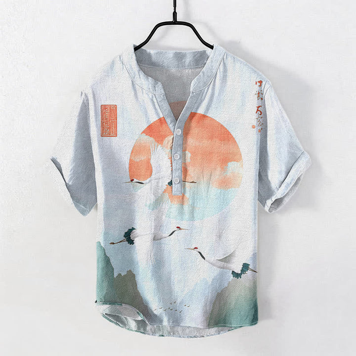 Buddha Stones コットン製 レッドサン 飛鶴柄 メンズ 半袖 ハーフボタンシャツ - 水色 - US/UK/AU50、EU60（5XL） - image 3