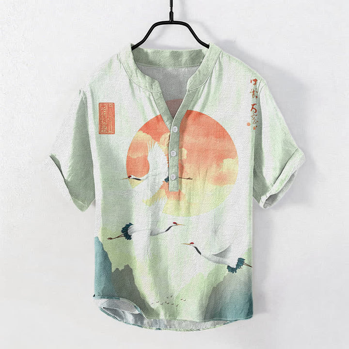 Buddha Stones コットン製 レッドサン 飛鶴柄 メンズ 半袖 ハーフボタンシャツ - ミントクリーム - US/UK/AU50、EU60（5XL） - image 6