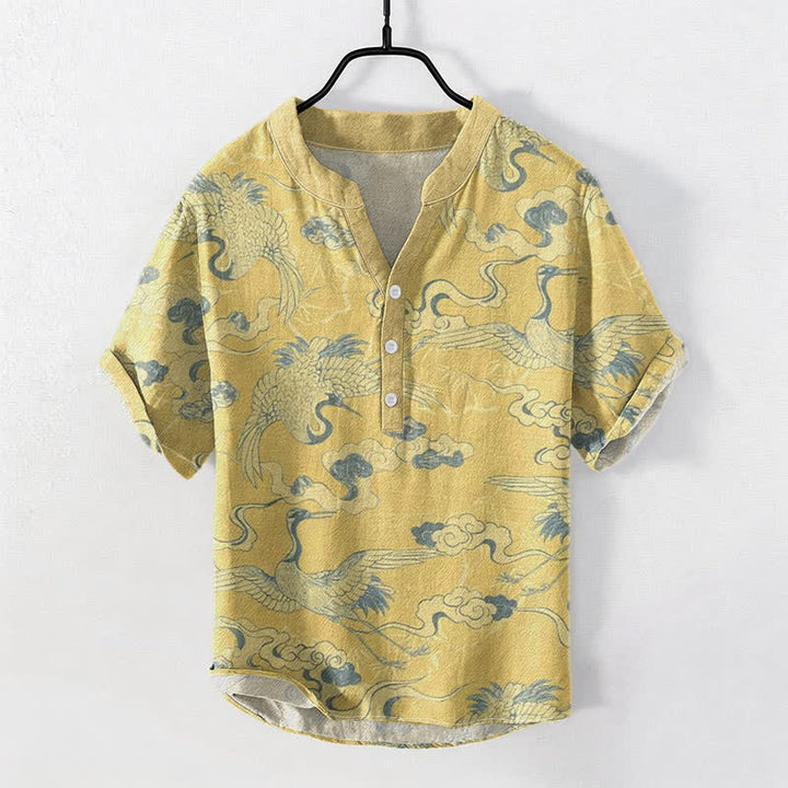 Buddha Stones 綿素材の鶴と雲の柄のメンズ半袖ハーフボタンシャツ - カーキ - US/UK/AU50、EU60（5XL） - image 3