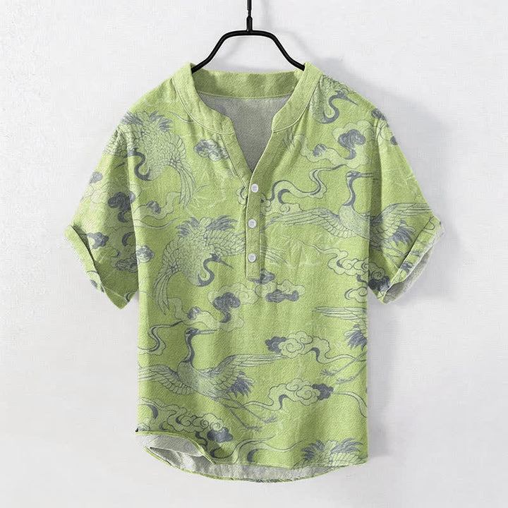 Buddha Stones 綿素材の鶴と雲の柄のメンズ半袖ハーフボタンシャツ - ライトグリーン - US/UK/AU50、EU60（5XL） - image 6