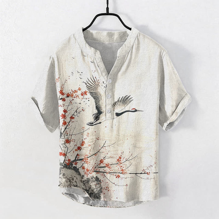 Buddha Stones 綿鶴梅花柄メンズ半袖ハーフボタンシャツ - リネン - US/UK/AU50、EU60（5XL） - image 0