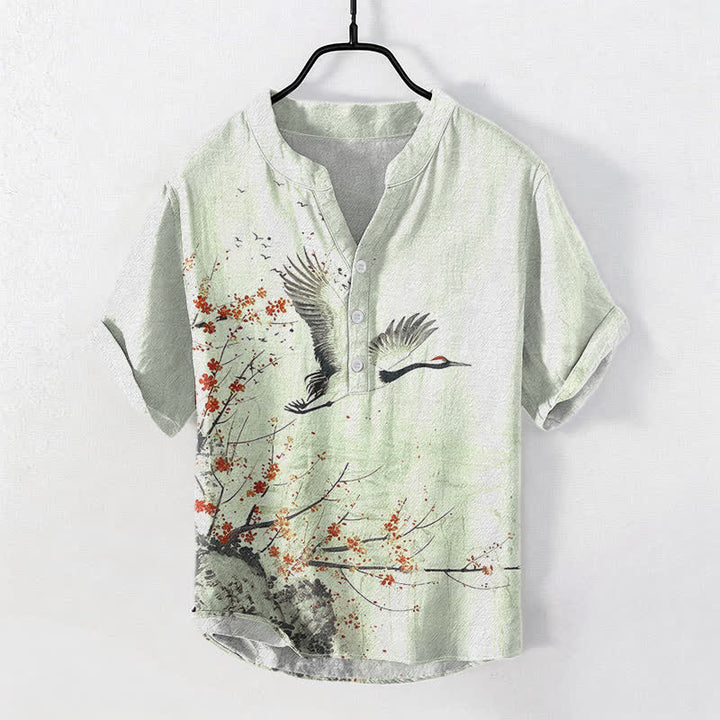 Buddha Stones 綿鶴梅花柄メンズ半袖ハーフボタンシャツ - ミントクリーム - US/UK/AU50、EU60（5XL） - image 3
