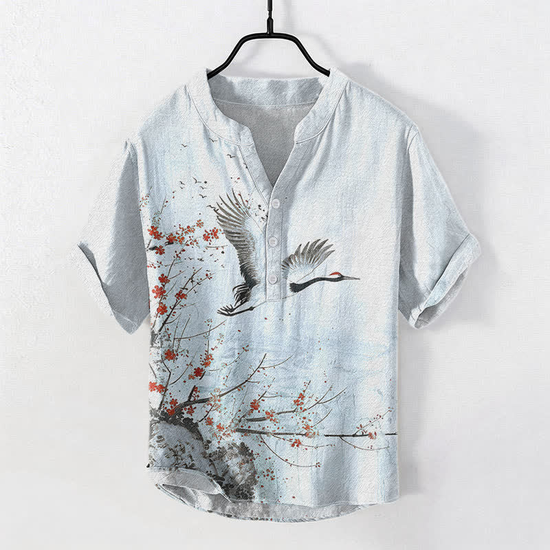 Buddha Stones 綿鶴梅花柄メンズ半袖ハーフボタンシャツ - 水色 - US/UK/AU50、EU60（5XL） - image 6