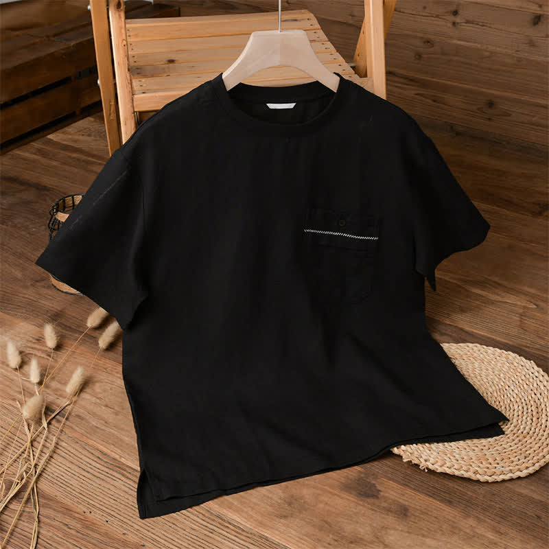 Buddha Stones 夏物カジュアルミニマリスト無地メンズ半袖Tシャツ（パッチポケット付き） - image 6
