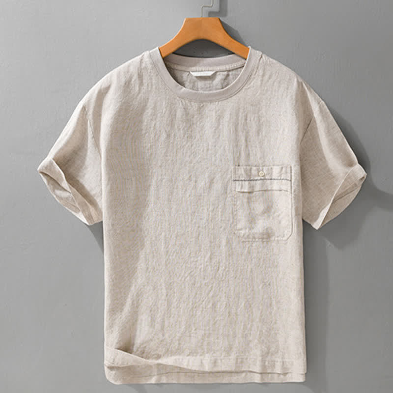 Buddha Stones 夏物カジュアルミニマリスト無地メンズ半袖Tシャツ（パッチポケット付き） - image 1