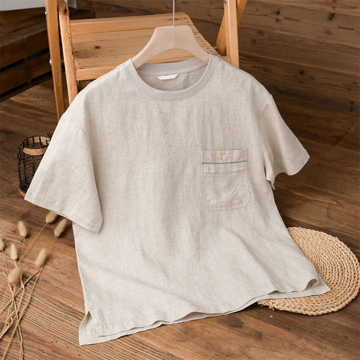Buddha Stones 夏物カジュアルミニマリスト無地メンズ半袖Tシャツ（パッチポケット付き） - リネン - US/UK/AU42、 EU52 (3XL) - image 0
