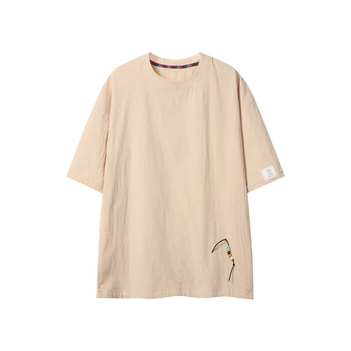 Buddha Stones 夏物カジュアルボヘミアン風ドローストリング無地メンズ半袖Tシャツ - ベージュ - US/UK/AU46, EU56 （5XL） - image 0